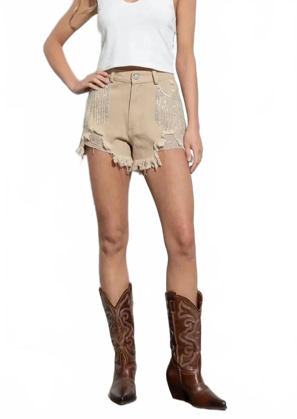 NEW BLUE B distressed frayed detail fringe rhinestone denim shorts in taupe